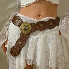1pc Western Cowboy Bohemian Style Country Belt, Women's Fashion Accessory, Retro Bronze Floral Hollow Buckle Oval Belt Waist Chain, Bohemian Style Belt And Dress Accessory Halloween Valentine's Day Valentines Summer, School - Brown - View 6