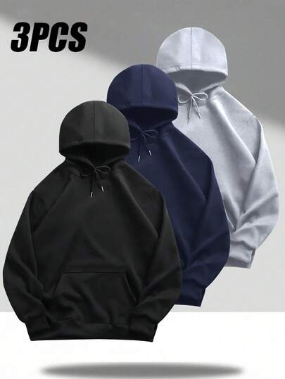 3 件男士轻便常规版型长袖连帽衫，带口袋，纯色基本款休闲运动外套，适合作为送给丈夫、男朋友、高尔夫、钓鱼、篮球、露营、健身、运动、跑步、户外活动的礼物