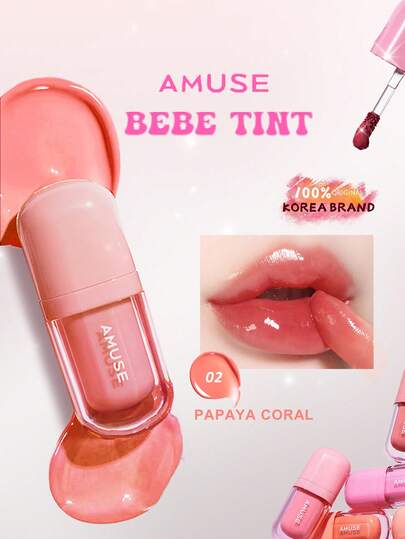 AMUSE Son tint BEBE Tint 02 Papaya Coral, chỉ cần một lần thoa đã lên màu sắc rực rỡ, lớp finish lì mịn như nhung, bền màu và lâu trôi. Nhẹ nhàng và thoải mái, hương trái cây, son tint dùng hàng ngày, mỹ phẩm Hàn Quốc, bộ quà tặng, 3.8g/0.13oz