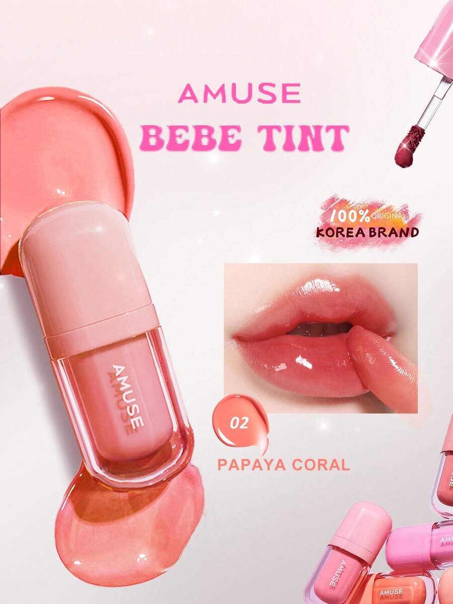 AMUSE BEBE Tint 02 木瓜珊瑚色，轻轻一抹即可呈现鲜艳色彩，丝绒哑光妆效，浓郁持久。轻盈舒适，果香怡人，日常唇釉，韩式彩妆，礼盒装，3.8克/0.13盎司