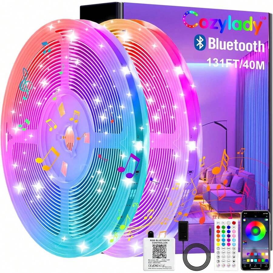 Luces LED Blutooth 40M, Cozylady Tiras LED RGB 5050 Inteligentes, Luz LED Sincronizar con Music, Control Remoto IR de 44 Teclas + Control App, para Cuarto, Bar, DecoracióN de Interior (40M-2 Rollos) - 5 m/16,4 pies (USB) - Ver 1