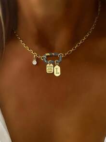 1 chiếc vòng cổ STYLEVER mạ vàng chữ cái A-Z 26 chữ, dây chuyền khóa hình bầu dục đính kim cương nhiều màu sắc với hạt vàng, dây thép không gỉ, kiểu dáng thanh lịch độc đáo. - vàng - Xem 6