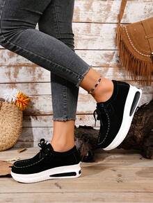 2025 New Lace-Up Black Flat Shoes, Solid Color Sports Lace Metal Eyelets Flat Shoes, Suitable For Home Wear All Seasons