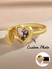 1pc Personalized Heart-Shaped Photo Ring, Custom Photo Stamp Ring With Zirconia, Memorial Jewelry, Gift For Women, Grandmother, Mother, Suitable For Valentine's Day, Birthday, Anniversary, Graduation, Christmas, Family, Friends, Customizable Photo And Name, Anniversary/Valentine's Day/Friend/Mother's Day/Birthday/Wedding Ring - Gold - View 1
