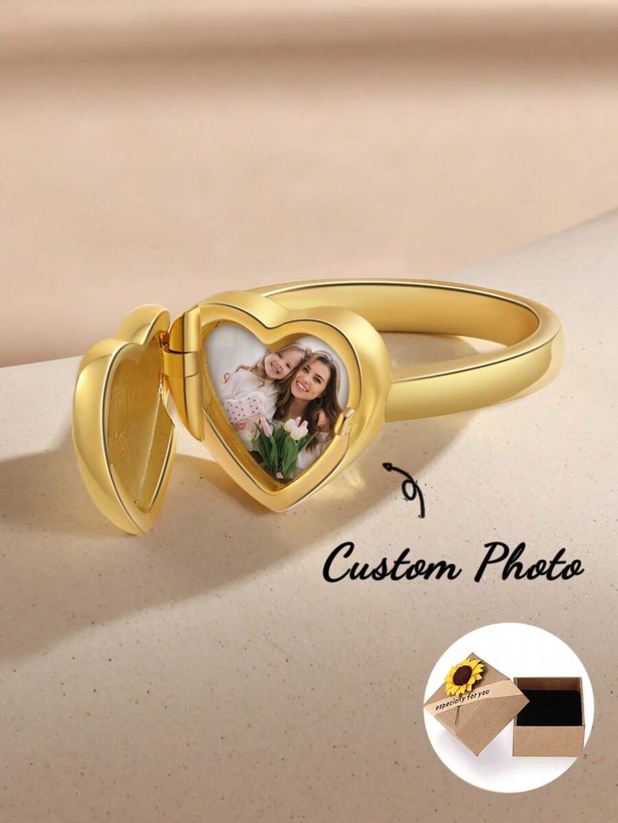 1pc Personalized Heart-Shaped Photo Ring, Custom Photo Stamp Ring With Zirconia, Memorial Jewelry, Gift For Women, Grandmother, Mother, Suitable For Valentine's Day, Birthday, Anniversary, Graduation, Christmas, Family, Friends, Customizable Photo And Name, Anniversary/Valentine's Day/Friend/Mother's Day/Birthday/Wedding Ring - Gold - View 1