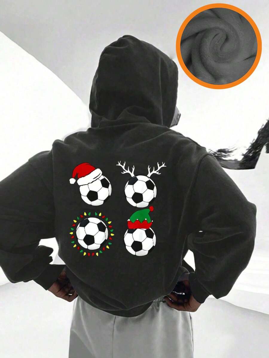 Christmas-Tween Boy Football Print Sweatshirt, Fleece Soft Top, Suitable For Autumn/Winter Daily Wear, Christmas Party, Streetwear Style, Fashionable Kid's Autumn/Winter Top - Dark Grey - View 1