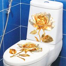 Golden Flower Toilet Stickers, Gold Floral Art Toilet Lid Decals Removable Self-Adhesive Vinyl Peel And Stick Wall Stickers For Bathroom Restroom WC Bathtubs Door Furniture Home Decoration Room Decor Bedroom Decor Kitchen Decor Wall Decor