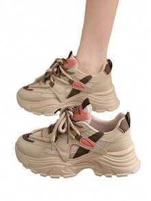 Tenis chunky de moda con suela gruesa y detalles en contraste  Descripción: - Caqui - Ver 1