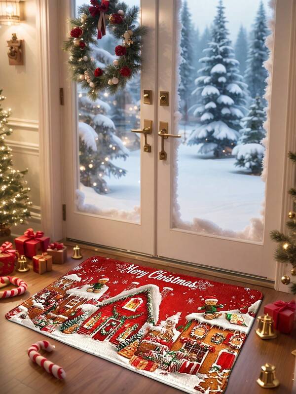 1pc Christmas Snowscape Doormat - Vibrant Holiday Decor, Non-Slip Backing, Machine Washable, Durable Polyester Entrance Rug, Suitable For Indoor/Outdoor Use, Easy To Clean, Perfect For Winter, Christmas Decoration, Home Decor Bathroom Kitchen Decor Kitchen Rug