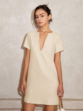 Vestido midi de manga corta y cuello en V de unicolor casual para mujer, conjunto de ropa casual de negocios elegante para vacaciones