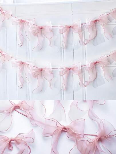 圣诞粉色蝴蝶结花环横幅，鱼尾纱线丝带横幅，适用于婚礼派对装饰、生日装饰、粉色家居派对装饰