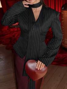 Áo khoác blazer kẻ sọc thanh lịch dành cho nữ, áo khoác ngoài sang trọng tay dài cổ chữ V thắt khăn dành cho nữ màu đen mùa xuân - màu đen - Xem 4