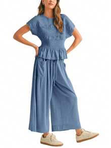 Womens Early Autumn 2 Piece Outfits Grapple Tops Elastic Waist Wide Leg Pants With Pockets Casual Boho Lounge Matching Sets - 霧霾藍 - 查看 3