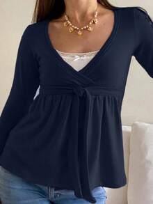 Fairy Grunge Shirts For Women Y2k Lace Patchwork T Shirt Tops Long Sleeve V Neck Wrap Waist Tunic Tops Vintage Slim Fit Blouse Shirt Printed Fall Spring Aesthetic Clothes Streetwear 2000s Harajuku Coquette Blouse - Màu xanh hải quân - Xem 4