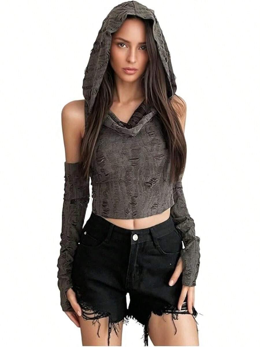 Women's Ripped Hoodie Sweater Vest Hollow Out Hooded Crop Top Knit Pullover Streetwear With Oversleeve - 灰色 - 查看 1