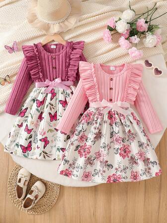 Set de 2 vestidos casuales para niñas, con unicolor, volantes suaves con cinta y botones, estampado de mariposa y flor, lindo y dulce, adecuado para uso diario al aire libre, otoño/invierno