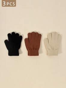 3 Pairs Kids Elastic Knit Gloves, Boys Girls Warm Gloves, Solid Color Fingerless Gloves, Suitable For Daily Casual Wear, Outdoor Cold Protection And Playing In Snow - 3PCS - View 7