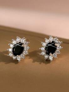 1 对百搭圆形花朵黑色耳环 约会订婚结婚周年纪念 女士女孩优雅铜耳环方晶锆石礼物 - 黑色 - 查看 6