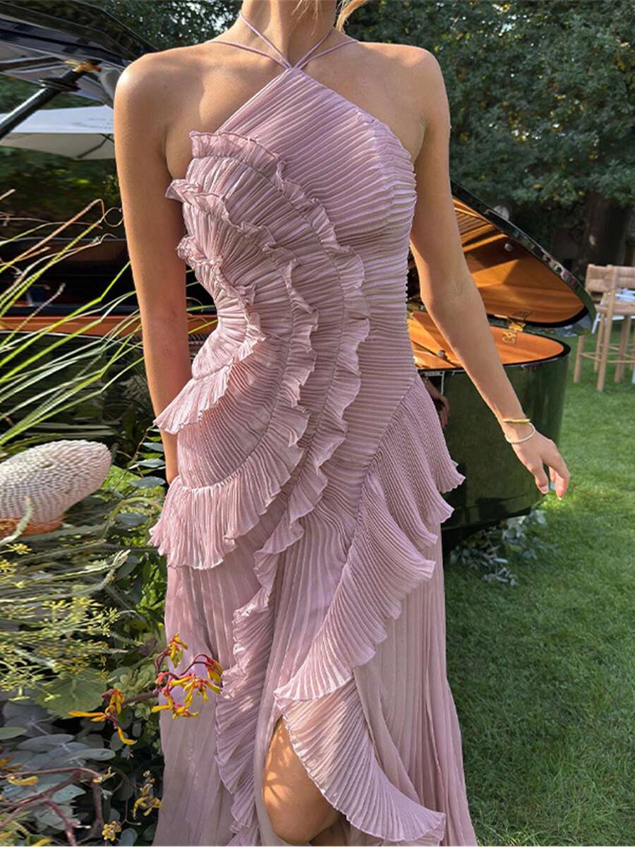 Women Ruffle Hem Pleated Sheer Mesh Long Maxi Dress Sleeveless Halter Neck Irregular Tiered Flowy Long Maxi Dresses For Wedding Guest Summer Holiday Beachwear - Bụi hồng - Xem 1
