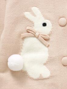 2pcs Baby Girls Cute Rabbit Bow Pattern Pink Long Sleeve Knitted Cardigan And Pink Knitted Pants Set, Comfortable And Warm, Suitable For Daily, Vacation, School, Spring, Autumn, Winter