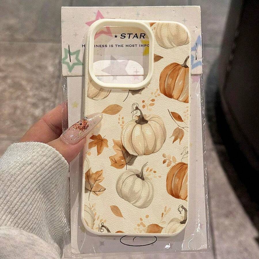 1 pièce Étui de téléphone à imprimé tout-sur-tout de feuille d'érable et citrouille mignon en automne, en matériau TPU. Compatible avec iPhone/téléphones, version internationale, pas la version domestique - Blanc - Voir 1