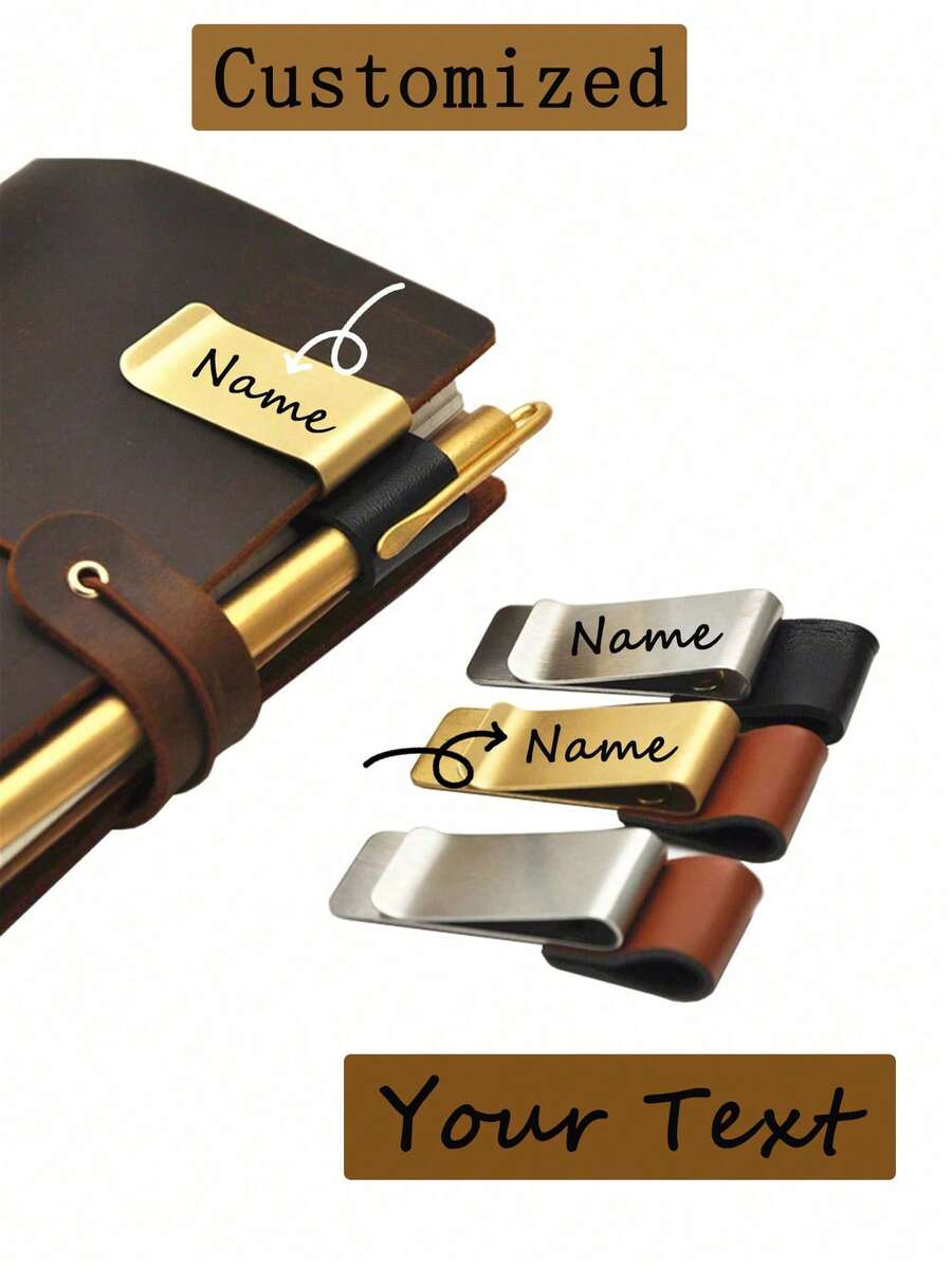1pc Customized Name Metal Faux Leather Pen Holder Brass Stainless Steel Pencil Clips Vintage Diary Loose Leaf Notebook Pen Organizer Office Suppliesmetal Holder Stainless Steel Pen Clip For Notebook Diary School Office Accessories Back To School Customized Pencil Clips - Multicolor - View 1