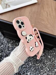 Pink 1pc Cute Panda Design DIY Macaron Mobile Phone Case With Mobile Phone Lanyard - Pink - View 3