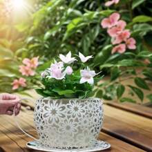 1 件复古美式乡村风格镂空花盆，带咖啡杯设计的装饰铁艺花盆，轻质金属花盆，适用于露台、阳台和花园装饰，花园花盆 - 彩色 - 查看 1