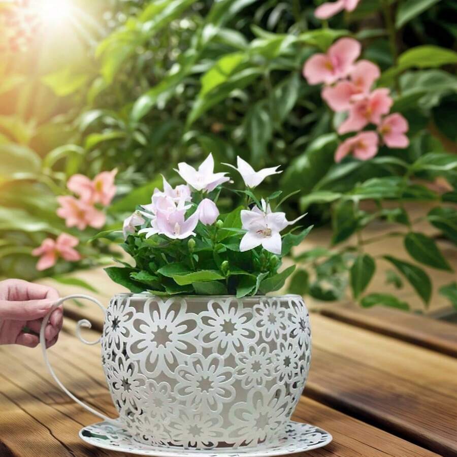 1 件复古美式乡村风格镂空花盆，带咖啡杯设计的装饰铁艺花盆，轻质金属花盆，适用于露台、阳台和花园装饰，花园花盆 - 彩色 - 查看 1