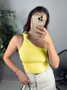 Women's Cropped Blouse Modal Tricot One Shoulder Mule Manca Hole Side Knot Summer Premium - 黃色 - 查看 2
