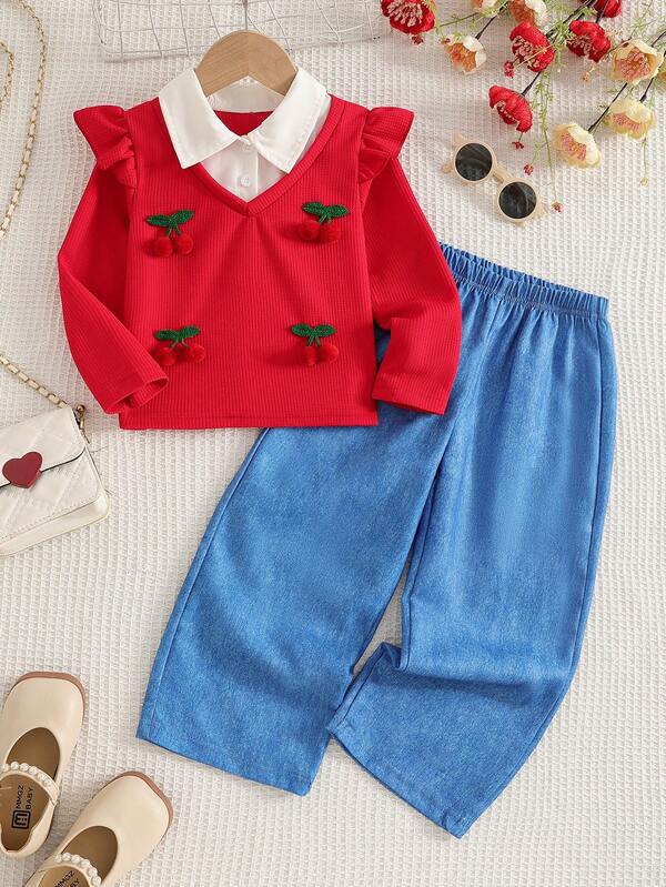 Girls' Collared Patchwork Cherry Ruffle Trim Long Sleeve Top + Faux Denim Pants 2-Piece Casual Outfit, Spring/Autumn