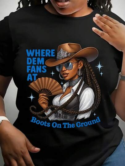 Camiseta de patrón suave, cómoda y transpirable, camiseta de patrón para mujeres de talla grande, botas de tierra con estampado floral de vaquero occidental, lavable a máquina, top casual de manga corta y cuello redondo, adecuado para salidas diarias y estilo urbano