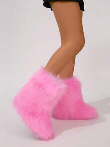Women's Faux Fur Boot Furry Fluffy Round Toe Suede Snow Winter Women Boots Comfy Plush Warm Short Outdoor Indoor Flat Shoes Mid-Calf Boots - 粉色 - 查看 3