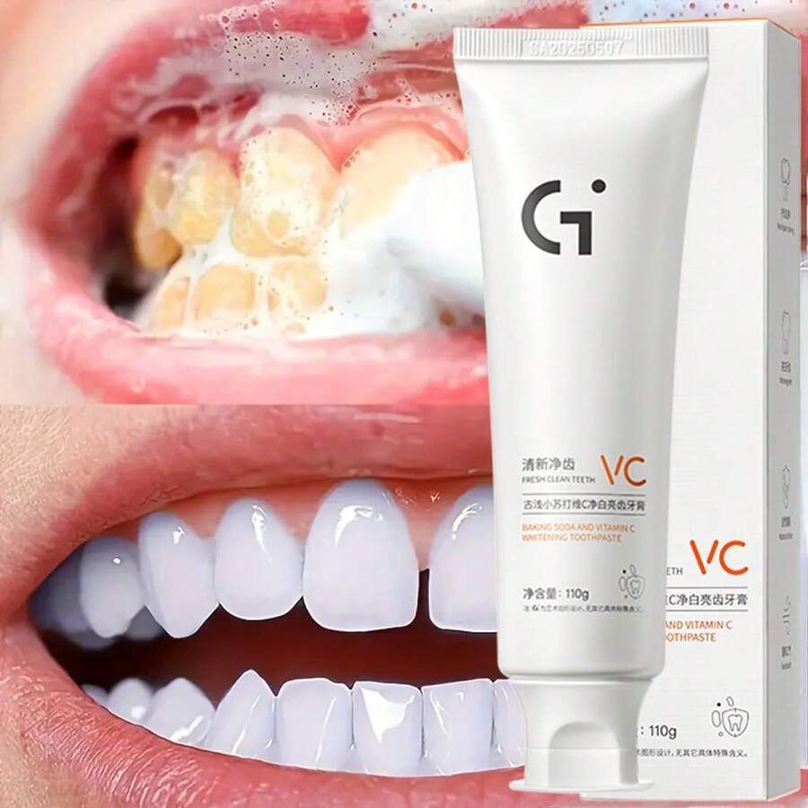 110g Pasta de dientes blanqueadora con bicarbonato de sodio y vitamina C - Refresca el aliento, elimina las manchas, blanquea los dientes, protege las encías, fórmula de limpieza profunda y pulido para una sonrisa talla grande brillante y saludable, apta para uso en el hogar y viajes