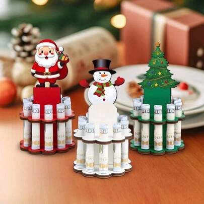 1/3 peças de prendedor de dinheiro de madeira para Natal, bolo de dinheiro feito à mão, camada dupla com 10 furos no Papai Noel, boneco de neve, formato de árvore de Natal, moeda personalizada e presente em dinheiro
