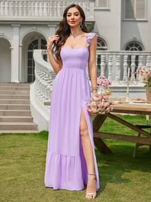 Volly Toych Lilac Purple Ruffle Strap Chiffon Elegant Maxi Formal Bridesmaid Dress,Wedding Guest Dress