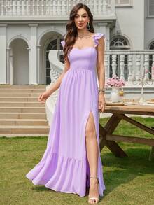 Volly Toych Lilac Purple Ruffle Strap Chiffon Elegant Maxi Formal Bridesmaid Dress,Wedding Guest Dress