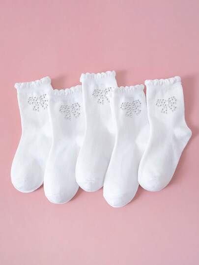 1/5 双蕾丝边儿童袜子，女童中筒袜，带水钻蝴蝶结装饰，时尚卡通趣味表情图案，透气柔软舒适吸湿排汗中筒袜，适合学生返校/度假/派对/户外运动/学校/节日礼物和日常穿着