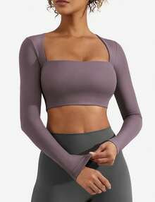 YEOREO Women's Square Neck Crop Top Workout Tops Long Sleeve Shirts Cropped T Shirts Women Cute Top - Deep Purple - View 5