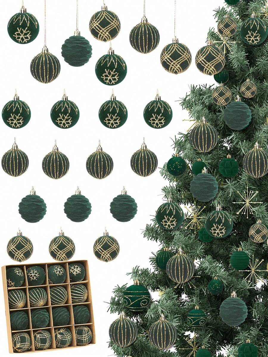 9/16pcs/Christmas Tree Velvet Dark Green Christmas Ball Decoration Set - Shatterproof Christmas Tree Balls - 4 Styles With Hanging Rings, Suitable For Christmas, Valentine's Day, Indoor/Outdoor Christmas Party, Christmas Tree Hanging Decoration, Velvet Christmas Ball Decoration Supplies - Multicolor - View 1