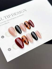 10片装手工可佩戴美甲贴片，短款杏仁形按压式假指甲，时尚流行款式，手工绘制的酒红色和黑色纯色指甲，搭配手工绘制的琥珀色晕染豹纹图案和粉色偏光猫眼，是一款高端美甲贴片产品，适合女性和女孩日常佩戴，套装包含美甲用品和手工按压式假指甲。 - 彩色 - 查看 4