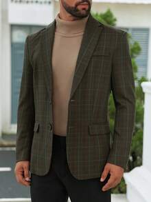 男士格子翻领长袖休闲商务西装外套 - 綠色 - 查看 1