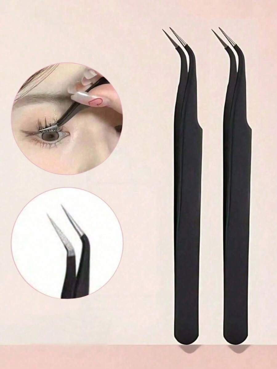 2 pezzi/1 pezzo Strumenti per estensioni ciglie, Pinzette curve nere, Strumenti per il trucco, Pinzette per ciglie