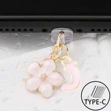 Dop de praf pentru port de încărcare telefon 2 în 1 cu sakura roz + 26 de litere, accesoriu rafinat cu pandantiv din aliaj, proaspăt, dulce și drăguț, decor pentru port de încărcare pentru smartphone, tabletă, căști Kindle, dop transparent anti-praf din silicon, potrivit ca un mic cadou, port de încărcare telefon impermeabil și anti-umezeală, compatibil cu iPhone Lightning/Type-C, protejează ferm portul de încărcare, design drăguț