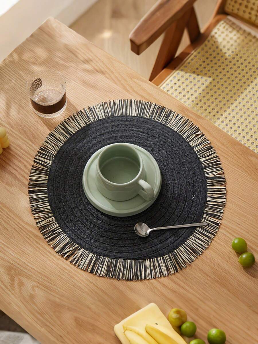 1/4/6pcs 15-Inch Round Paper Woven Tassel Placemats/Coasters, Multi-Color Options, Washable Non-Slip Heat-Resistant Tabletop Mats, Suitable For Kitchen, Dining Room, Wedding, Party, Home, Picnic, Beach, Halloween, Christmas - Multicolor - View 1