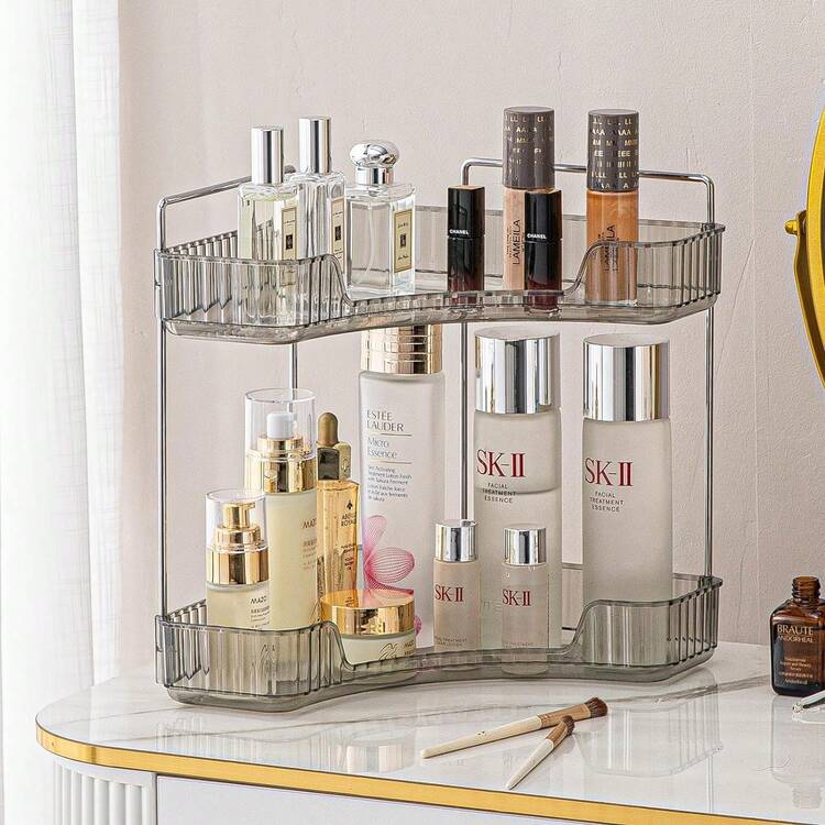 2-Tier Corner Bathroom Counter Organizer – Classic Storage Shelf For Makeup, Perfume & Toiletries, Space-Saving Countertop Tray Fits Bathroom, Dresser, Kitchen (Gray-Clear) - Xám-Trong - Xem 1