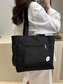 1 件纯色复合面料极简主义风格多拉链口袋防水大容量可折叠女士工作包，适合女性日常通勤、外出、购物、旅行、简易行李存放、学生学校手提包、女友节日礼物 - 黑色 - 查看 4