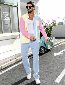 Mens 2 Piece Color Block Outfits Casual Long Sleeve Color Block Shirts And Pants Matching Set Sweatsuit-2025 - Blue - View 5
