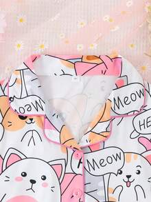 2pcs/Set Girls & Teens Casual Cartoon Cat Print Lapel Long Sleeve Cardigan And Pants Sleepwear Set, Flame Retardant, All Season