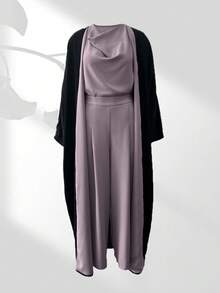 3 件套：女士优雅蝙蝠袖长袍 + 无袖上衣 + 宽松 3/4 裤，穆斯林迪拜时尚宽松无弹力面料，适合秋冬聚会、下午茶、派对 - 淡紫色 - 查看 5